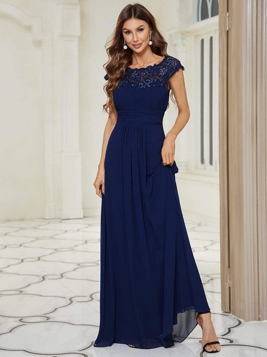 Custom Size Flattering A Line Chiffon Lace Evening Dress for Wedding with Cap Sleeve