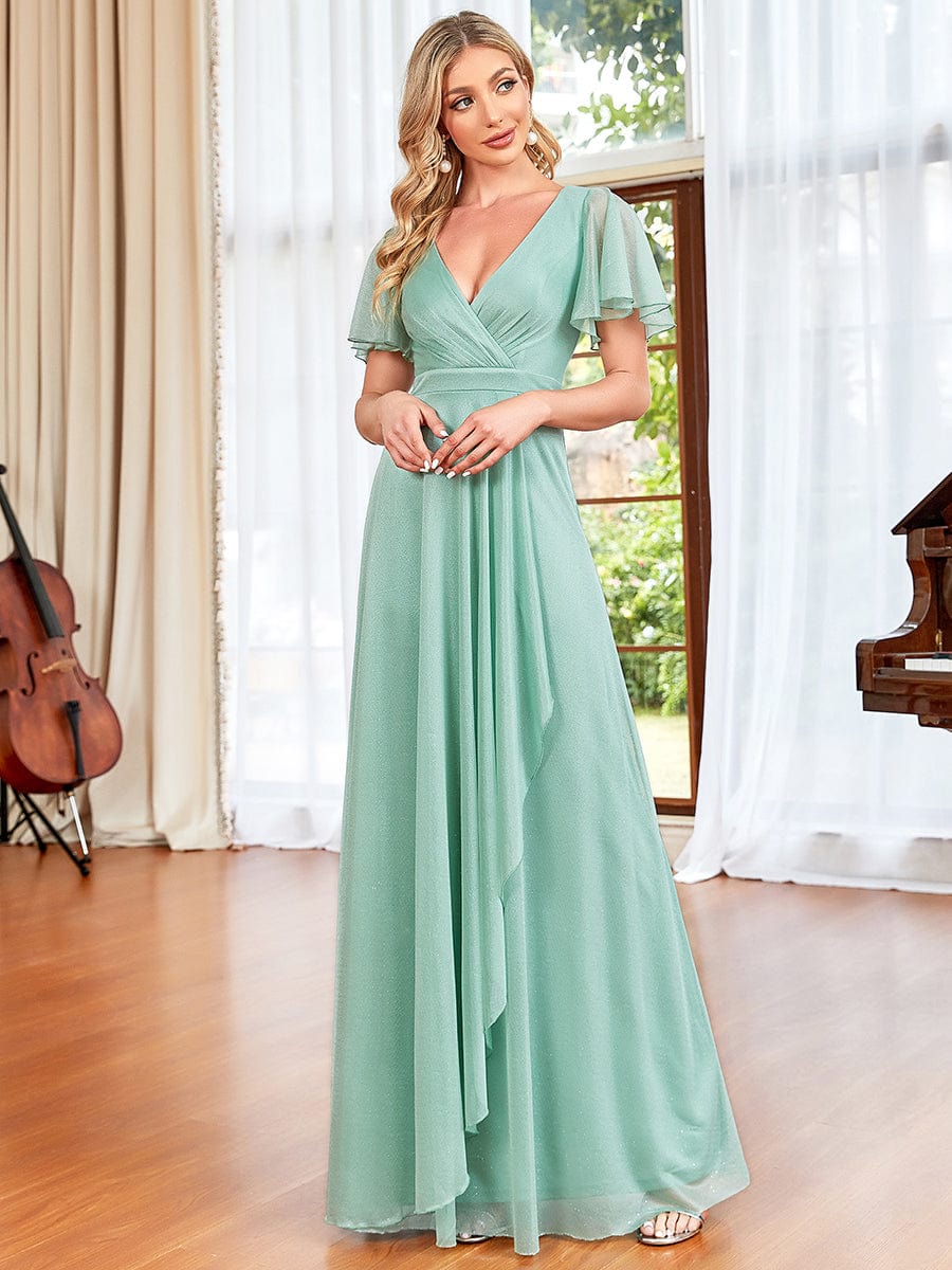 A Line Sparkling V Neckline Ruched Ruffle Flutter Outter Evening Dress