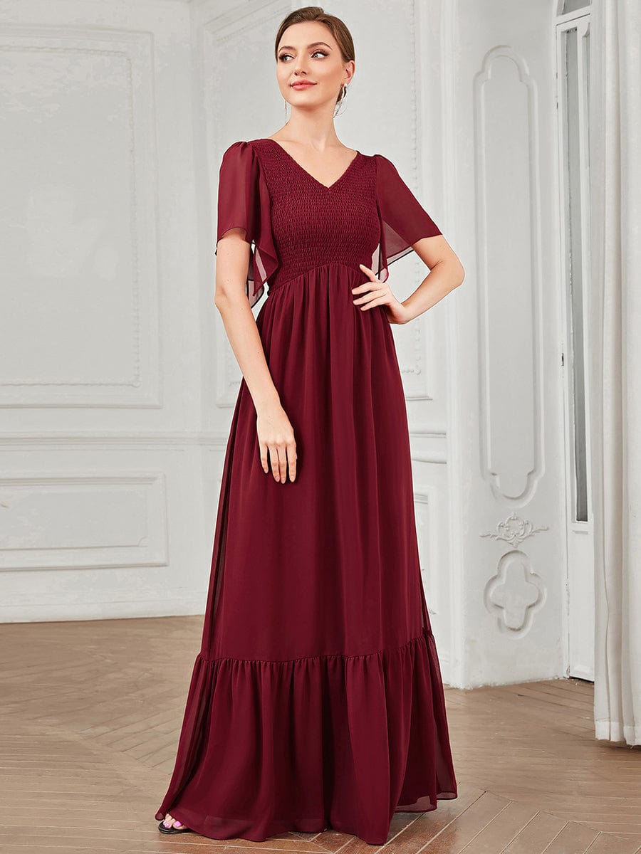 Short Sleeve V Neck Shirred A Line Evening Dress