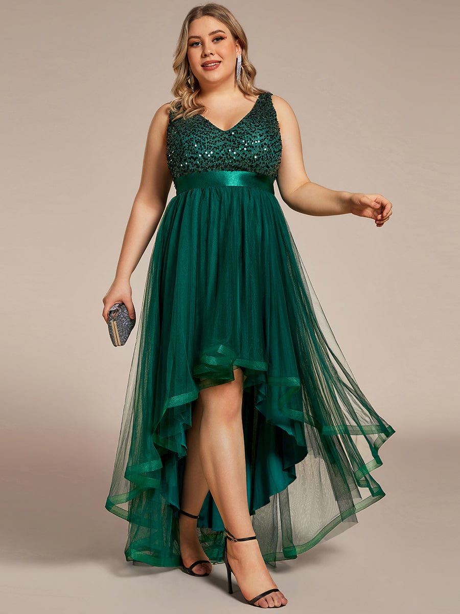 Plus Size Sleeveless Tulle High Low Sequin Evening Dress - Ever