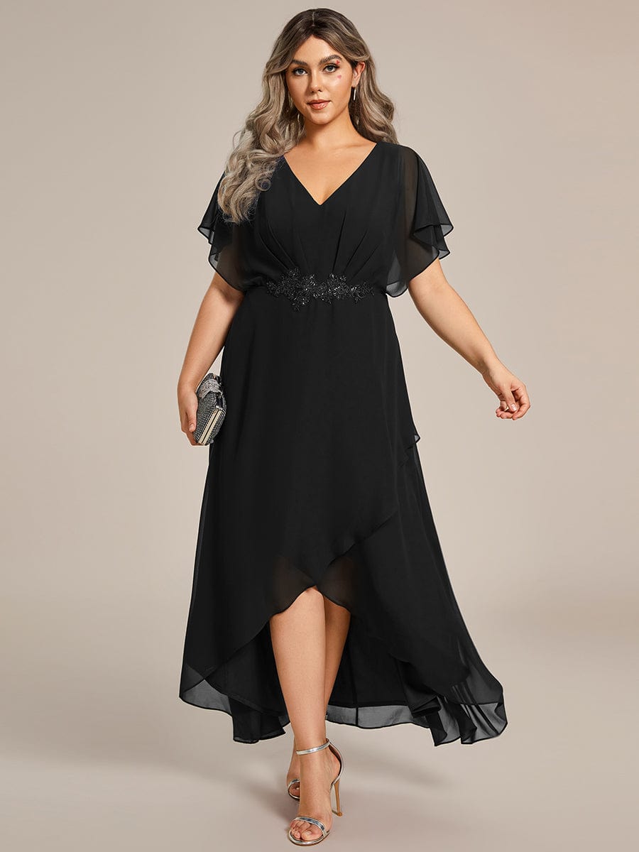 Plus Size Elegant Chiffon V Neck Evening Dress with Waist Floral