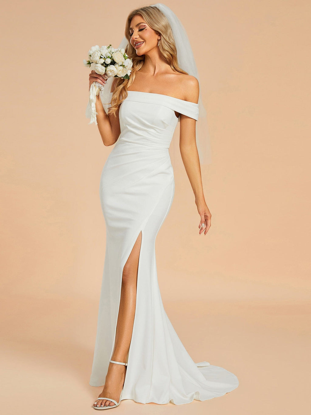 Off Shoulder High-Slit Mermaid Wedding Dress with Pleated Detail - Ever ...