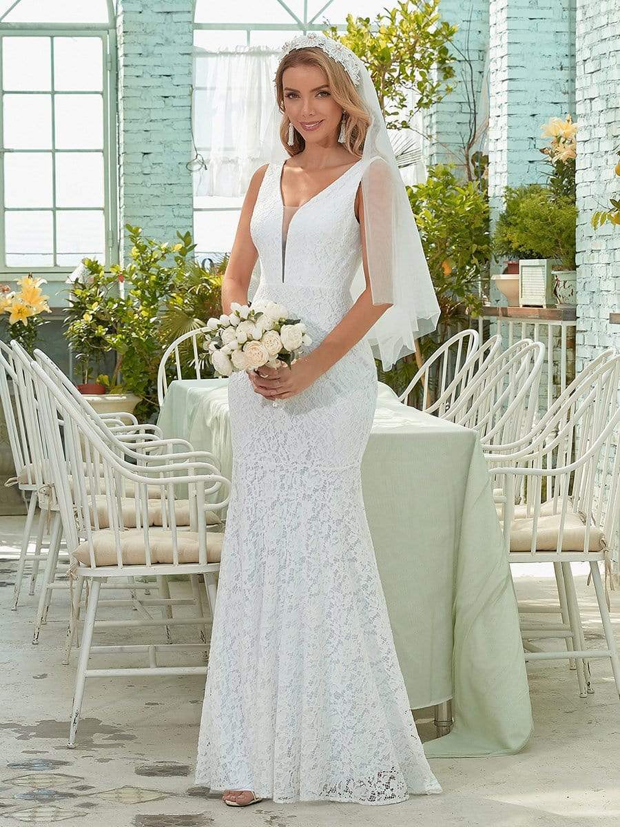 Simple White A-line Wedding Dresses Deep V Neck Short Sleeves Lace