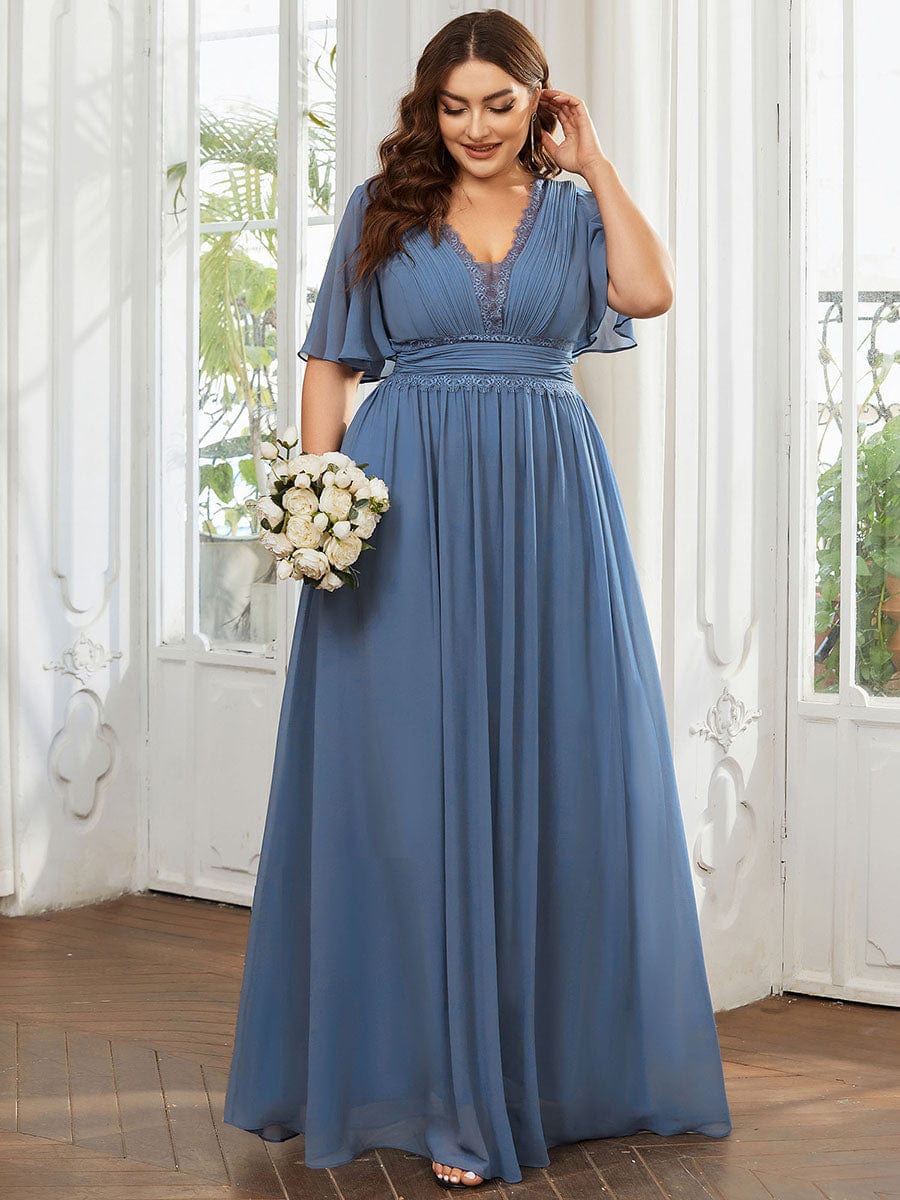 Plus Size Short Sleeve Lace A-Line Chiffon Bridesmaid Dress - Ever-Pretty UK