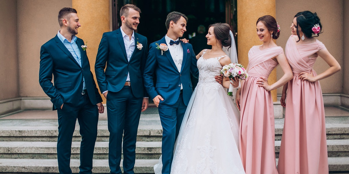 pink bridesmaids & navy groomsmen