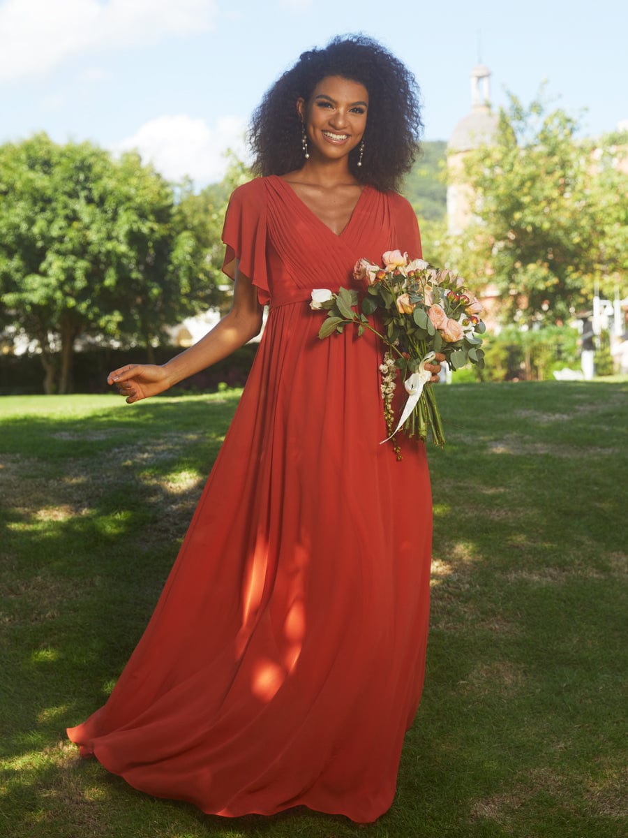 V-Neck Flutter Sleeve Floor-Length A-Line Chiffon Evening Dress #color_Burnt Orange