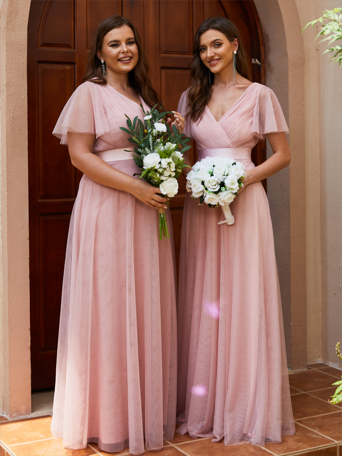 Double V-Neck Tulle Floor-Length Bridesmaid Dress #color_Pink