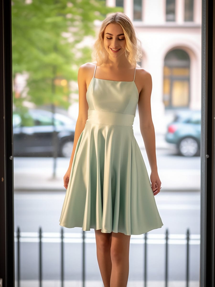 Satin Spaghetti Strap A-Line Backless Short Dress #color_Sage Green