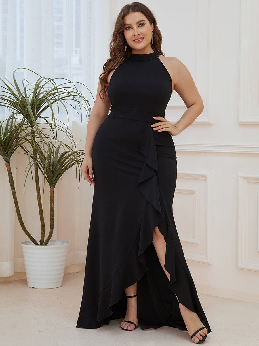 Halter Neck Sleeveless Side Slit Evening Dress #COLOR_Black