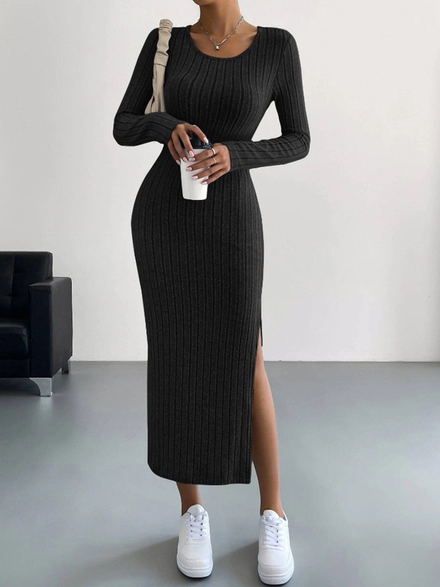 Long Sleeve Bodycon Ribbed Knit Midaxi Dress with Side Slit #color_Black