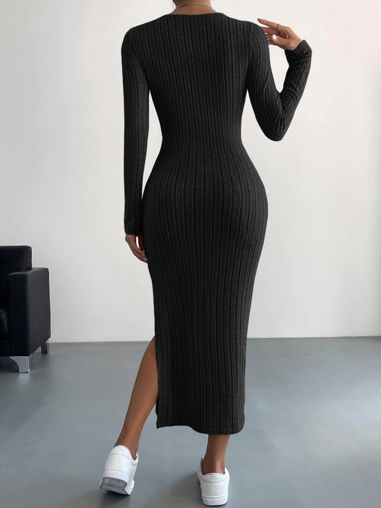 Long Sleeve Bodycon Ribbed Knit Midaxi Dress with Side Slit #color_Black