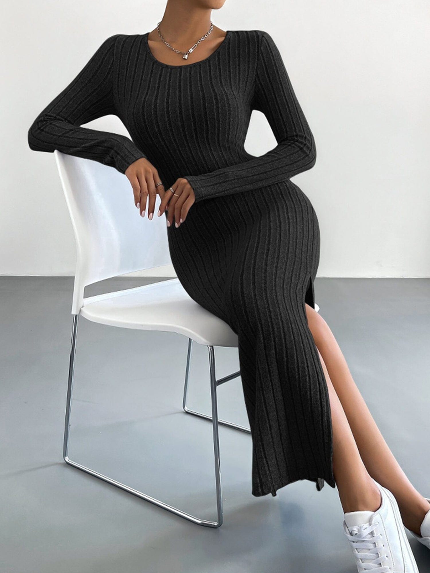 Long Sleeve Bodycon Ribbed Knit Midaxi Dress with Side Slit #color_Black