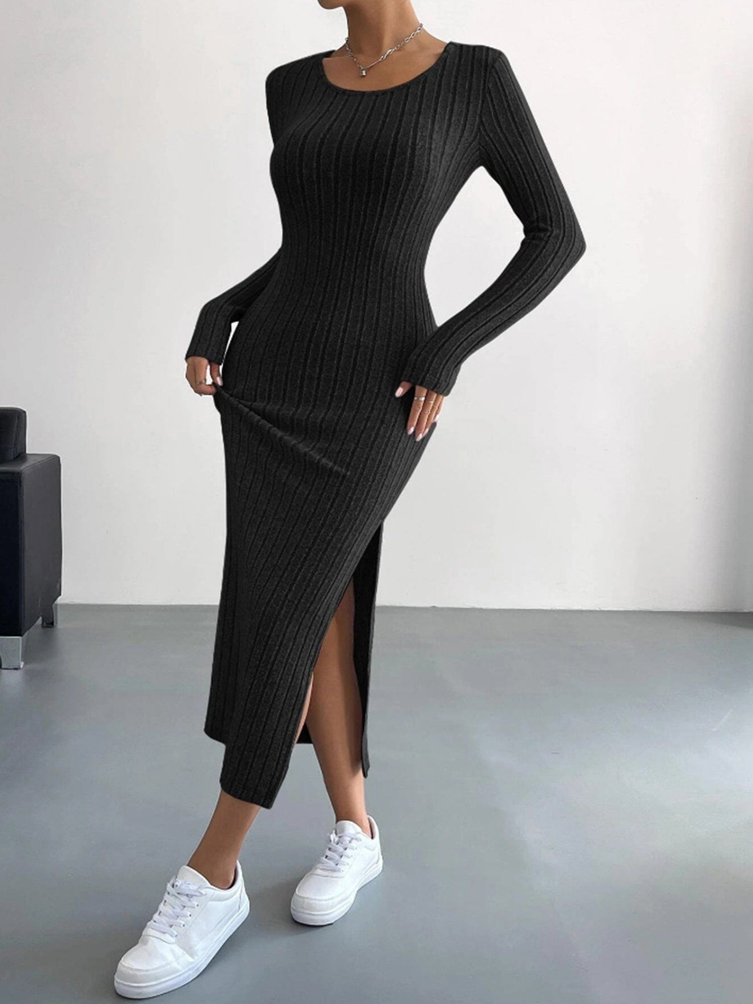 Long Sleeve Bodycon Ribbed Knit Midaxi Dress with Side Slit #color_Black