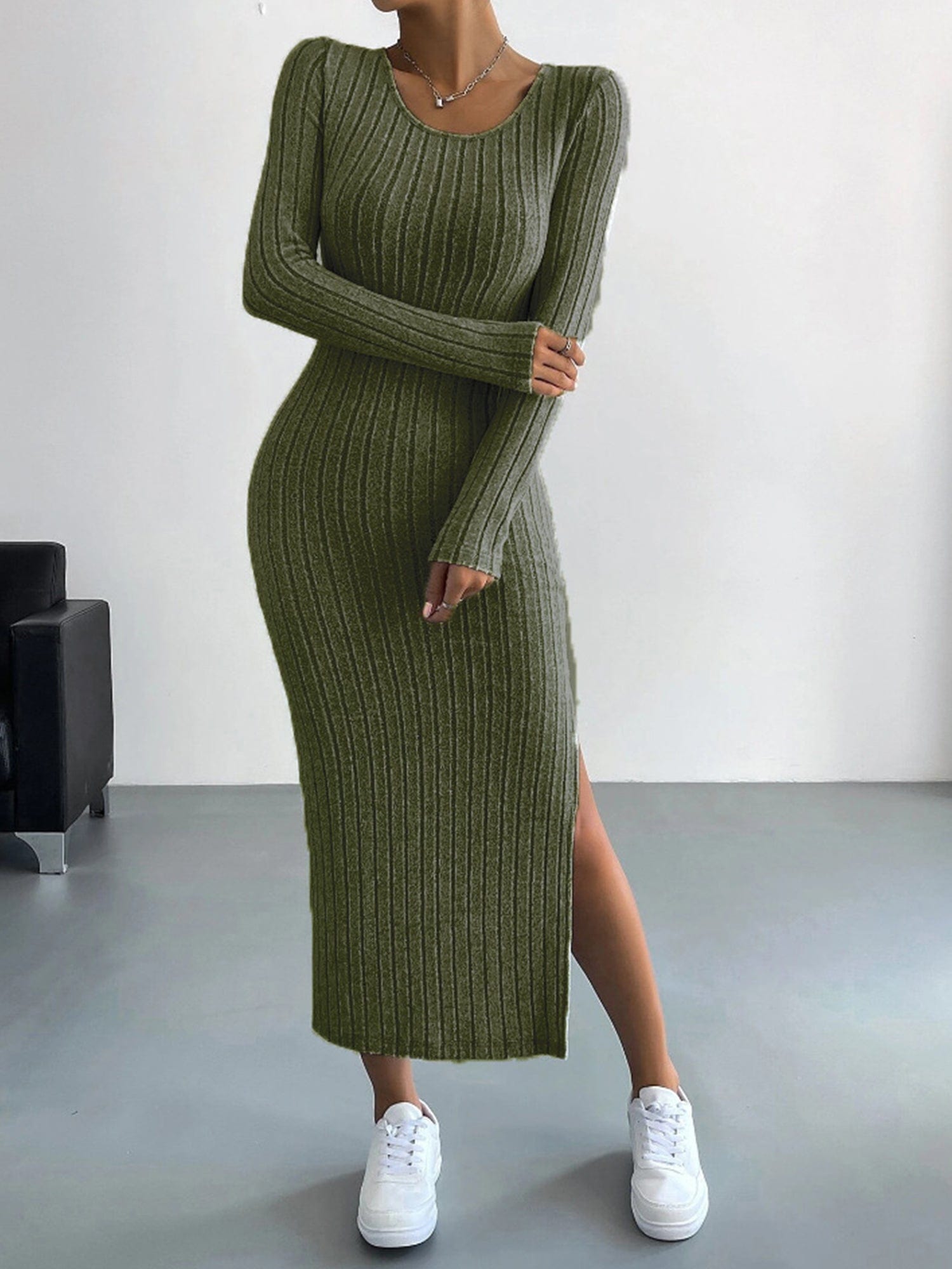 Long Sleeve Bodycon Ribbed Knit Midaxi Dress with Side Slit #color_Dark Green