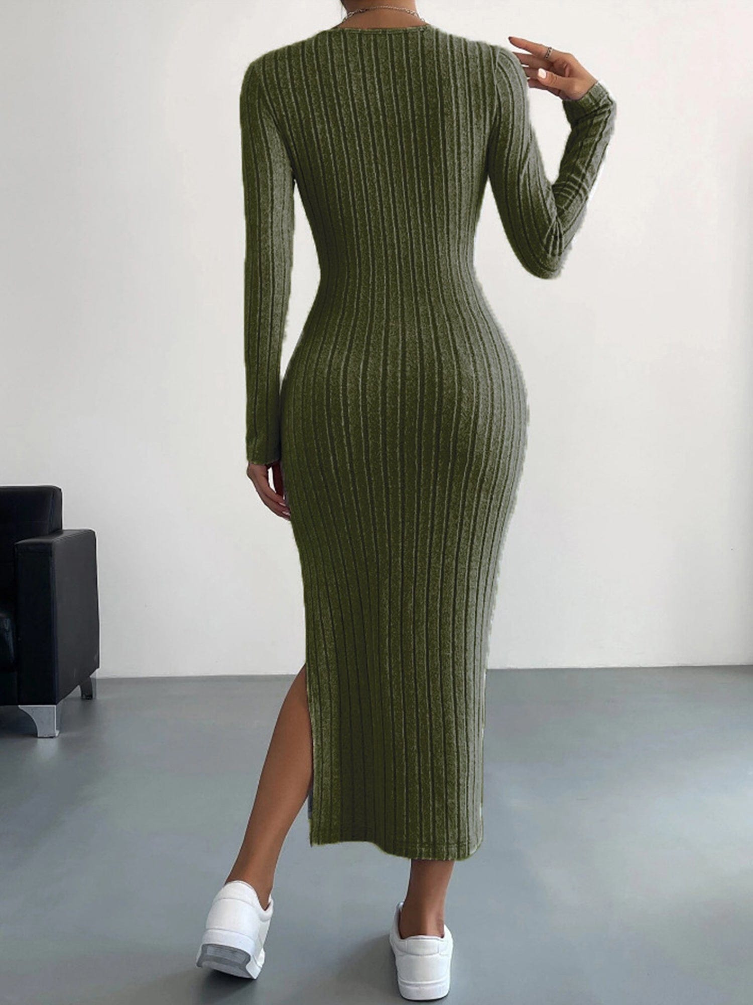 Long Sleeve Bodycon Ribbed Knit Midaxi Dress with Side Slit #color_Dark Green