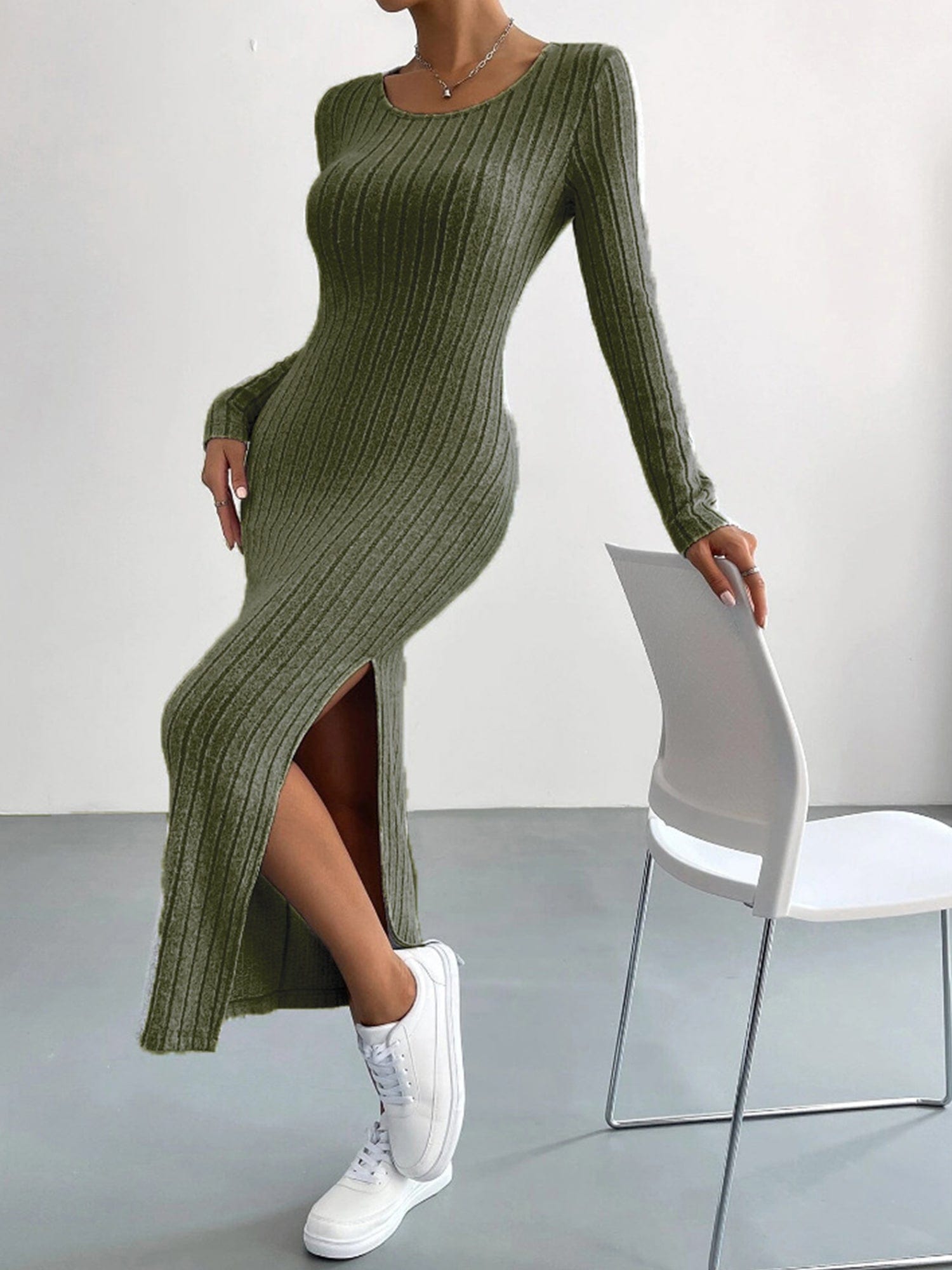 Long Sleeve Bodycon Ribbed Knit Midaxi Dress with Side Slit #color_Dark Green