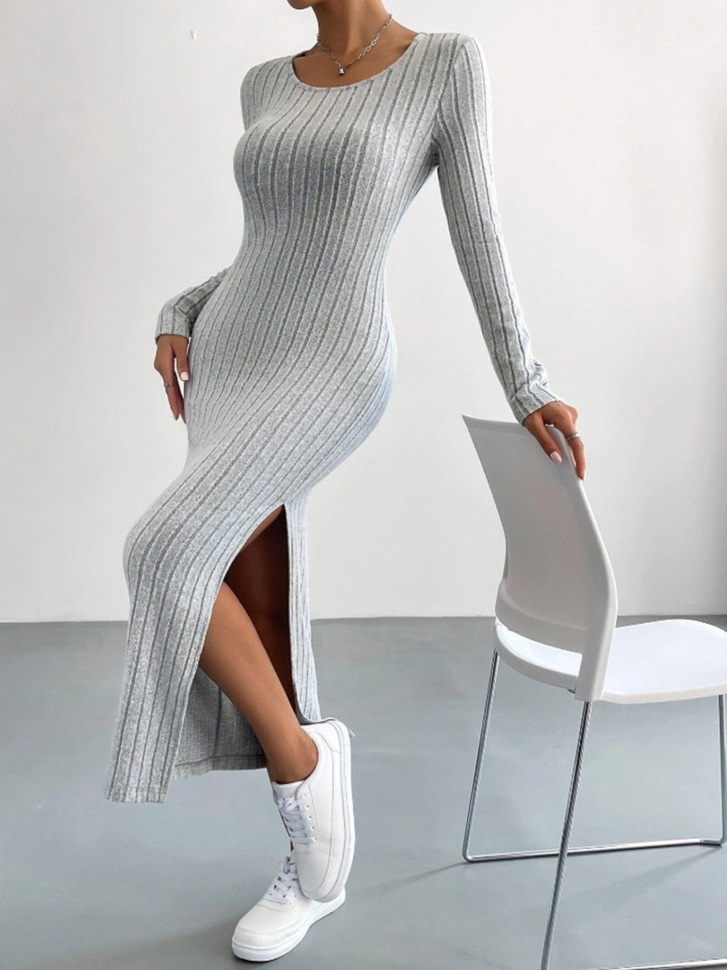 Long Sleeve Bodycon Ribbed Knit Midaxi Dress with Side Slit #color_Grey