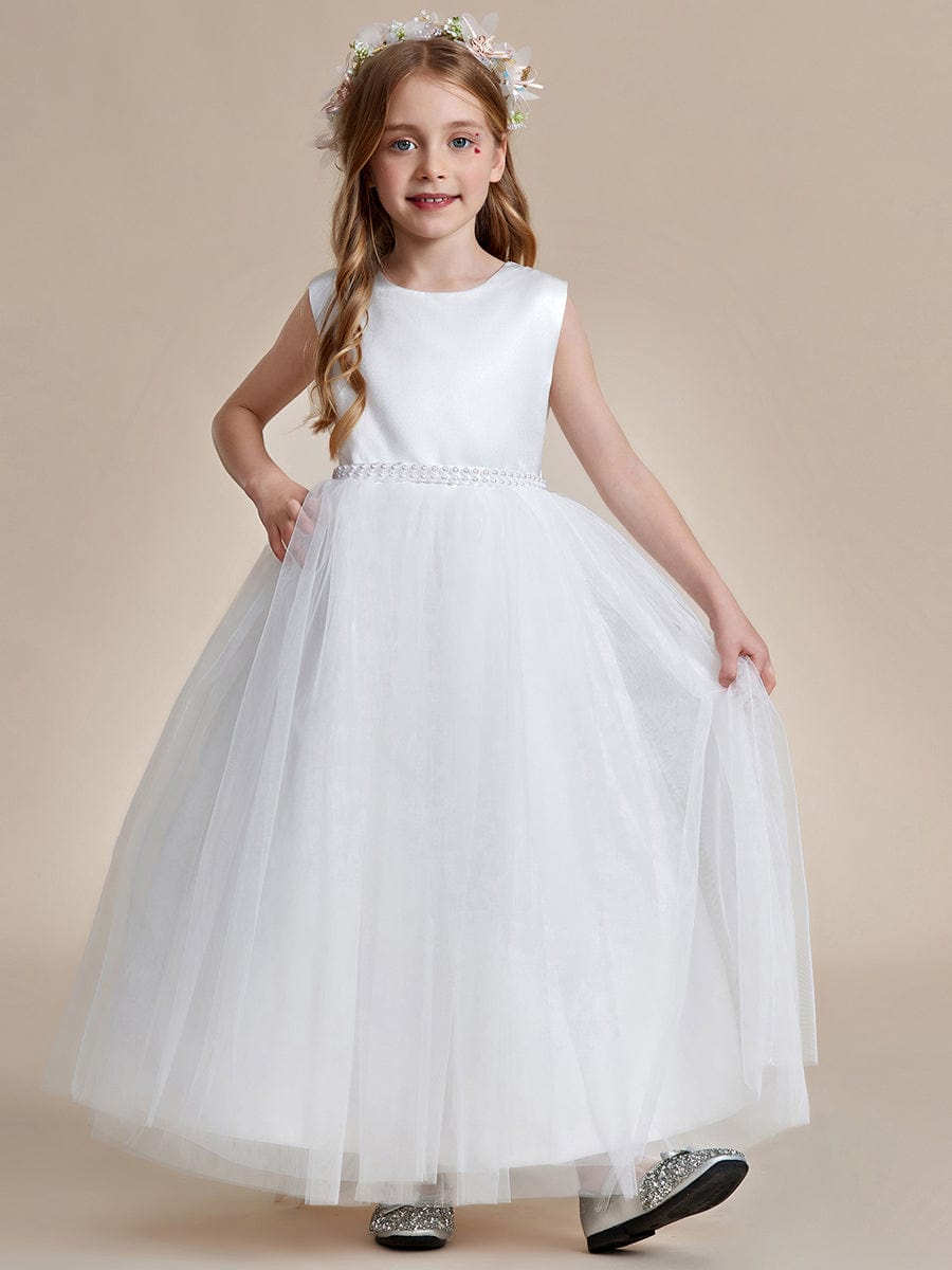 Satin Beaded Tulle Princess Flower Girl Dress With Back Bow #color_White