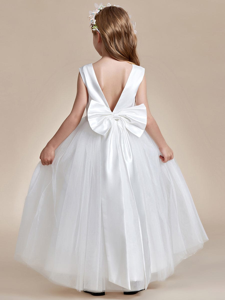 Satin Beaded Tulle Princess Flower Girl Dress With Back Bow #color_White