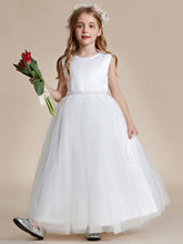 Satin Beaded Tulle Princess Flower Girl Dress With Back Bow #color_White