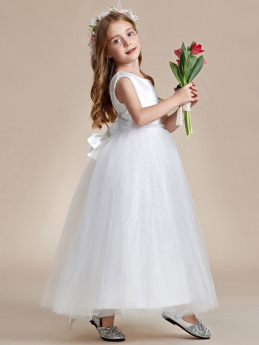 Satin Beaded Tulle Princess Flower Girl Dress With Back Bow #color_White