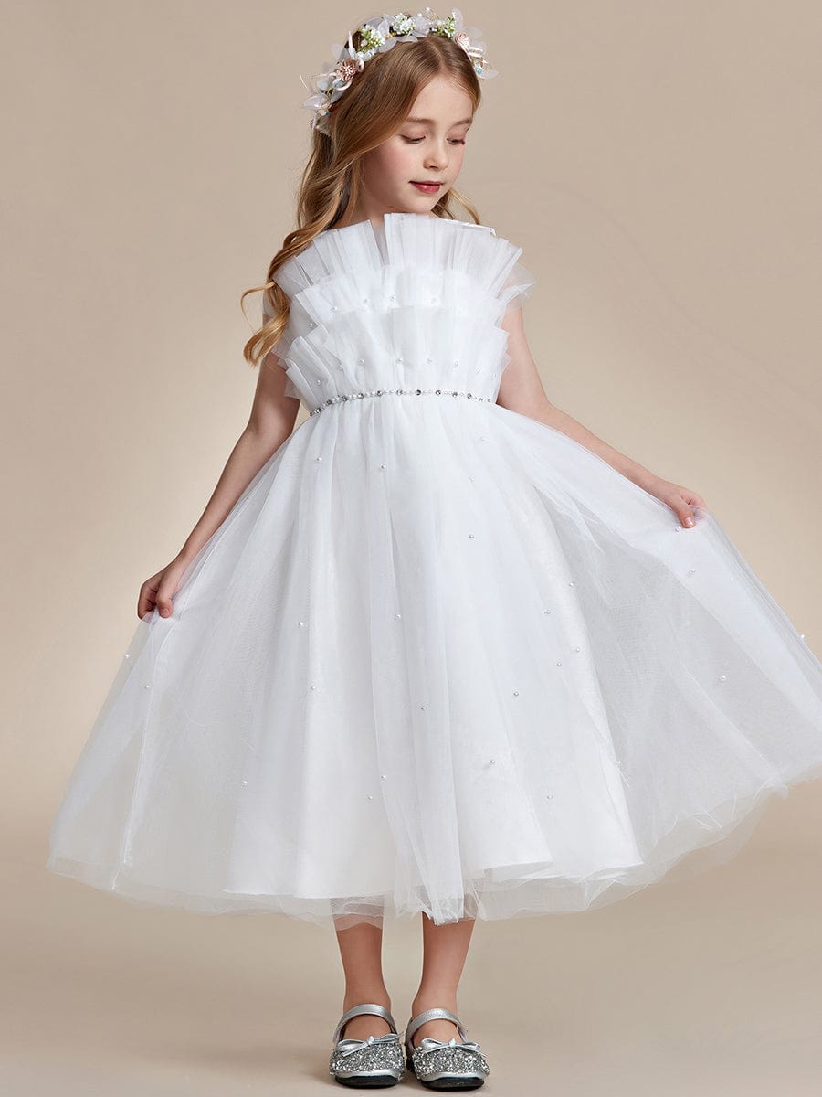 Shiny Flower Girl Dress with layer of tulle on the princess chest #color_White