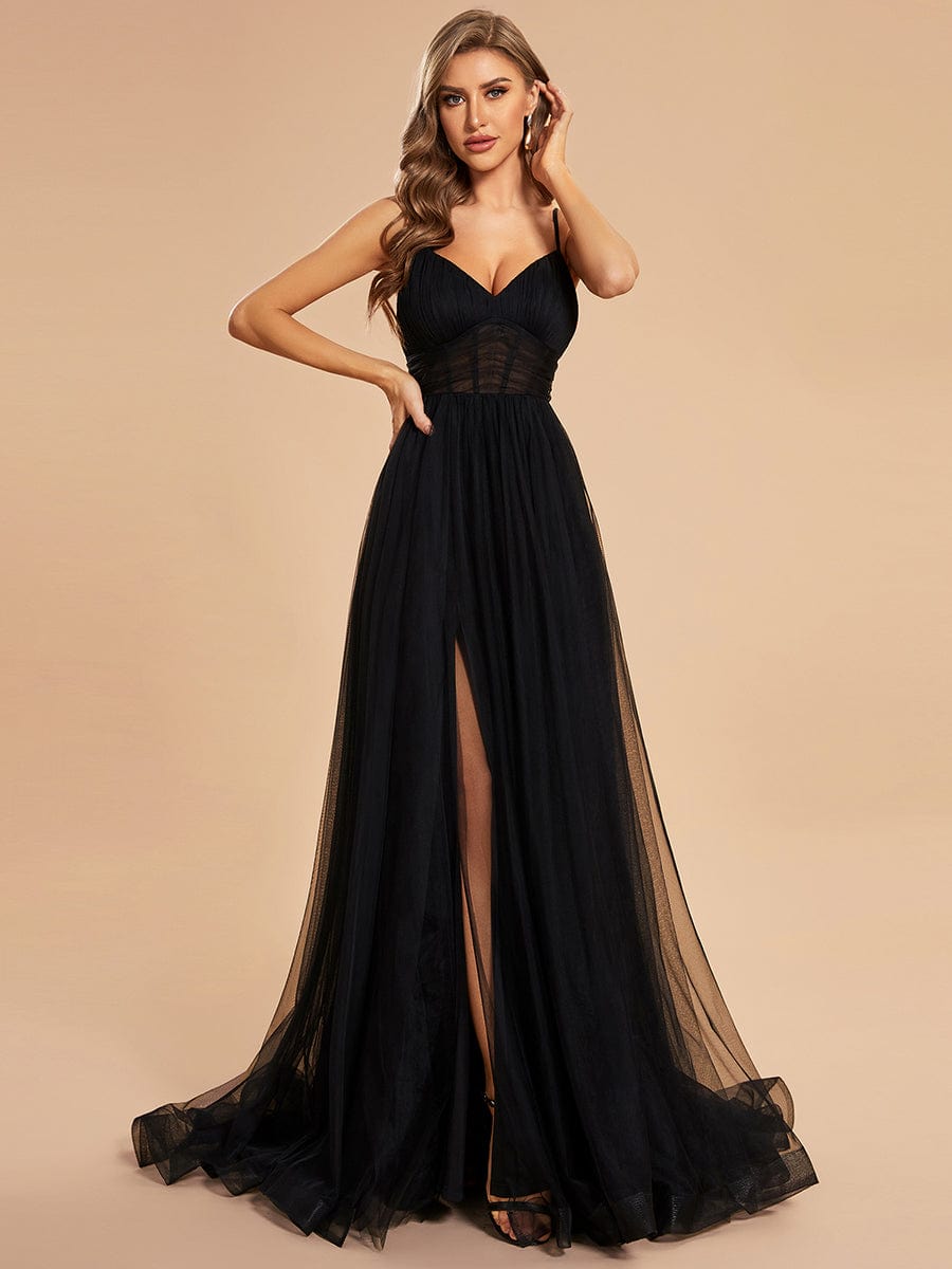 Custom Size Spaghetti Strap High Slit Tulle Prom Dress with Train #color_Black