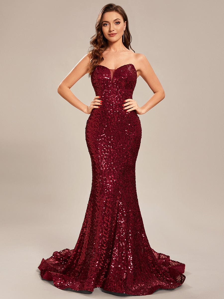 Custom Size Fashion Strapless Sweetheart Long Sequin Mermaid Prom Dress #color_Burgundy