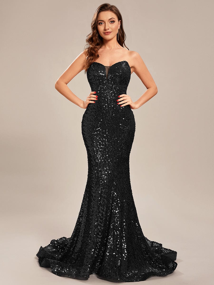 Custom Size Fashion Strapless Sweetheart Long Sequin Mermaid Prom Dress #color_Black