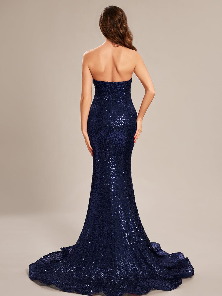 Custom Size Fashion Strapless Sweetheart Long Sequin Mermaid Prom Dress #color_Navy Blue