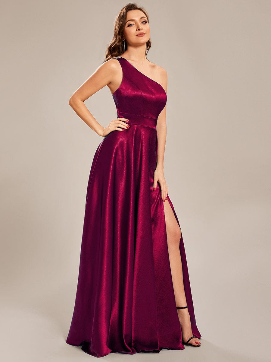 Custom Size One Shoulder Long Empire Waist Satin Prom Dress #color_Burgundy