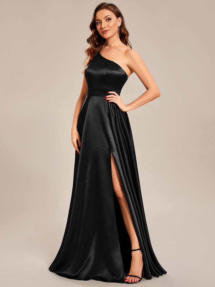 Custom Size One Shoulder Long Empire Waist Satin Prom Dress #color_Black