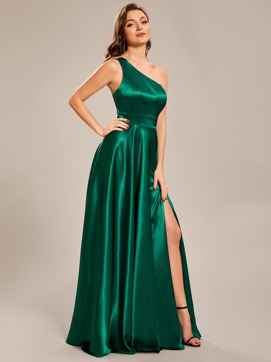 Custom Size One Shoulder Long Empire Waist Satin Prom Dress #color_Dark Green