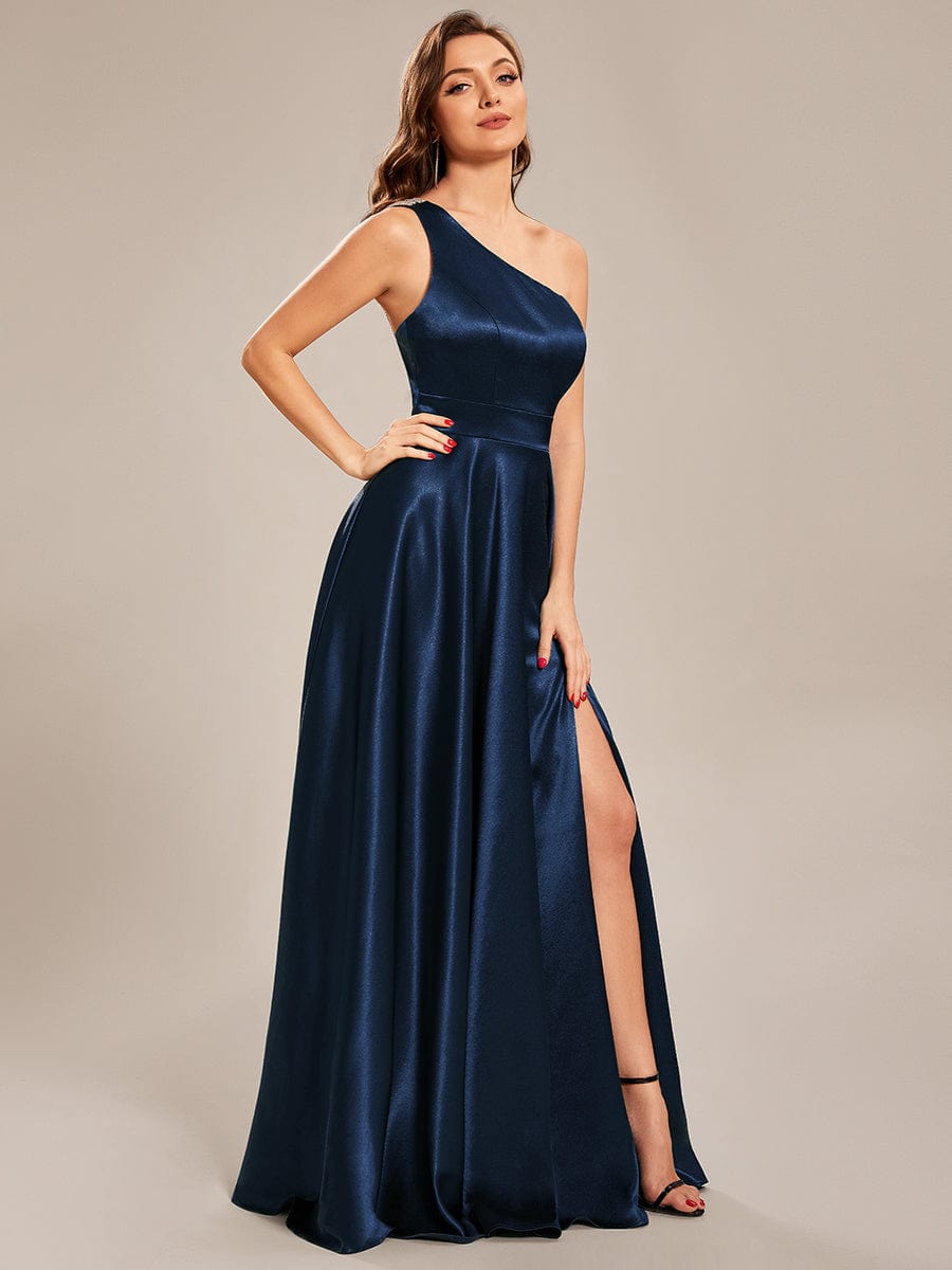 Custom Size One Shoulder Long Empire Waist Satin Prom Dress #color_Navy Blue