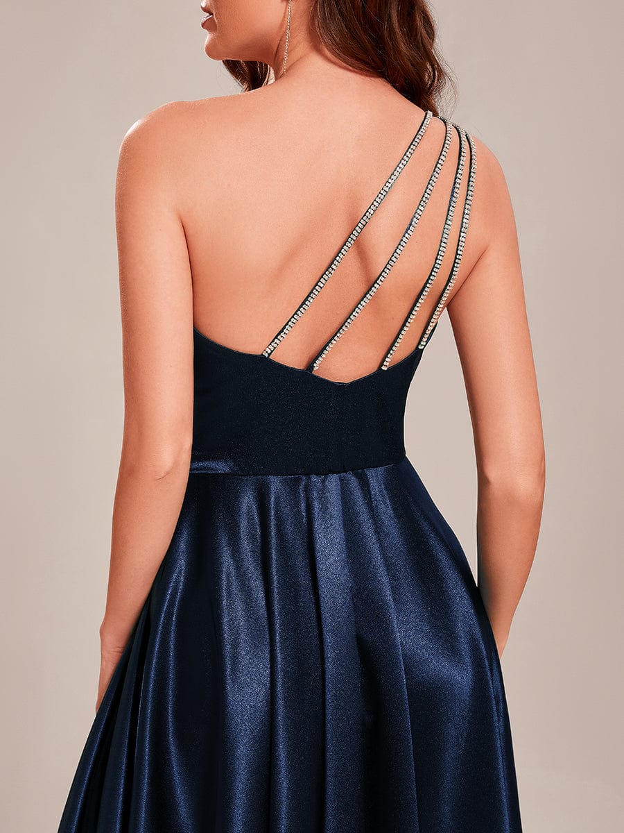 Custom Size One Shoulder Long Empire Waist Satin Prom Dress #color_Navy Blue