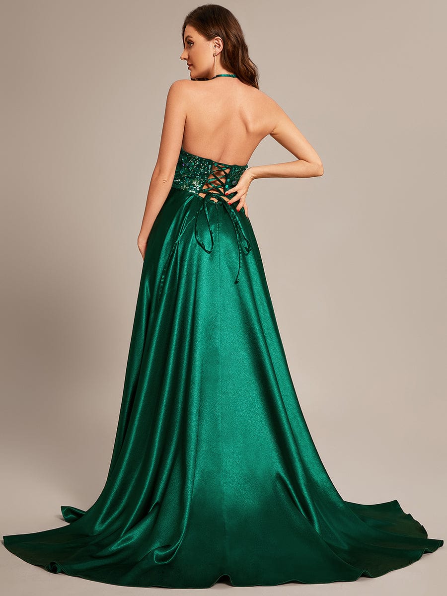 Custom Size V neck Sequined halter Floor length Satin Prom Dress