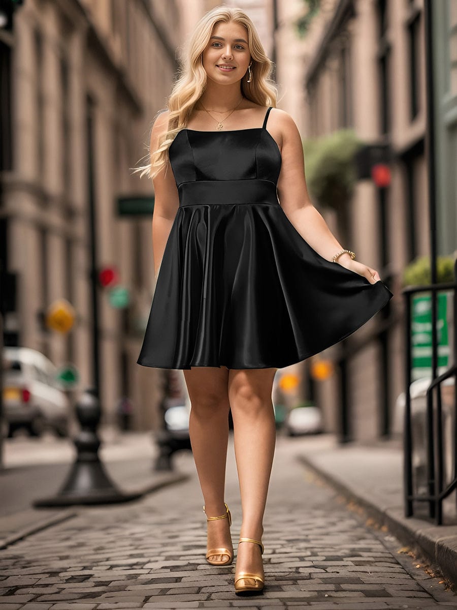 Satin Spaghetti Strap A-Line Backless Short Dress #color_Black