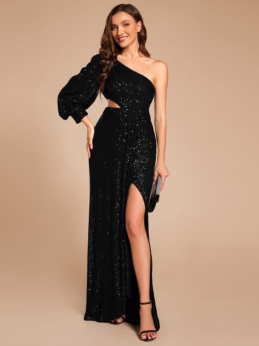 Custom Size One Shoulder Bodycon Slit Sequin Floor Length Formal Evening Dress #color_Black