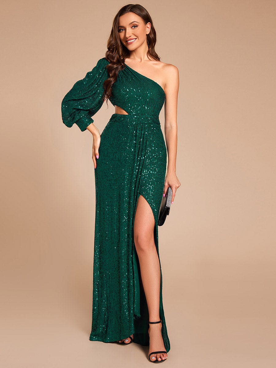 Custom Size One Shoulder Bodycon Slit Sequin Floor Length Formal Evening Dress #color_Dark Green