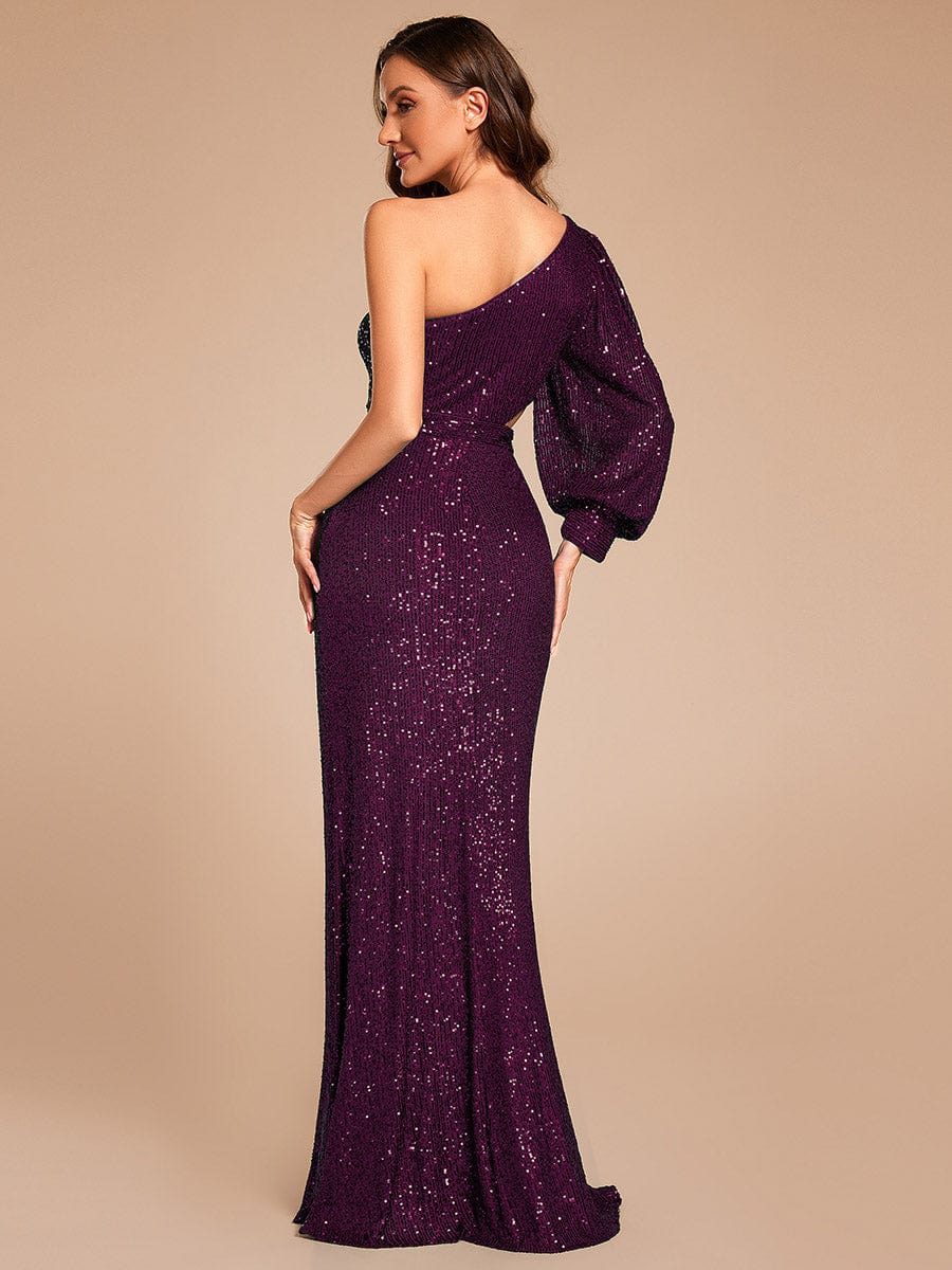 Custom Size One Shoulder Bodycon Slit Sequin Floor Length Formal Evening Dress #color_Dark Purple