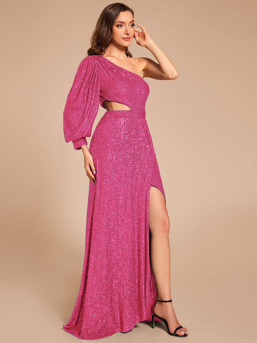 Custom Size One Shoulder Bodycon Slit Sequin Floor Length Formal Evening Dress #color_Hot Pink