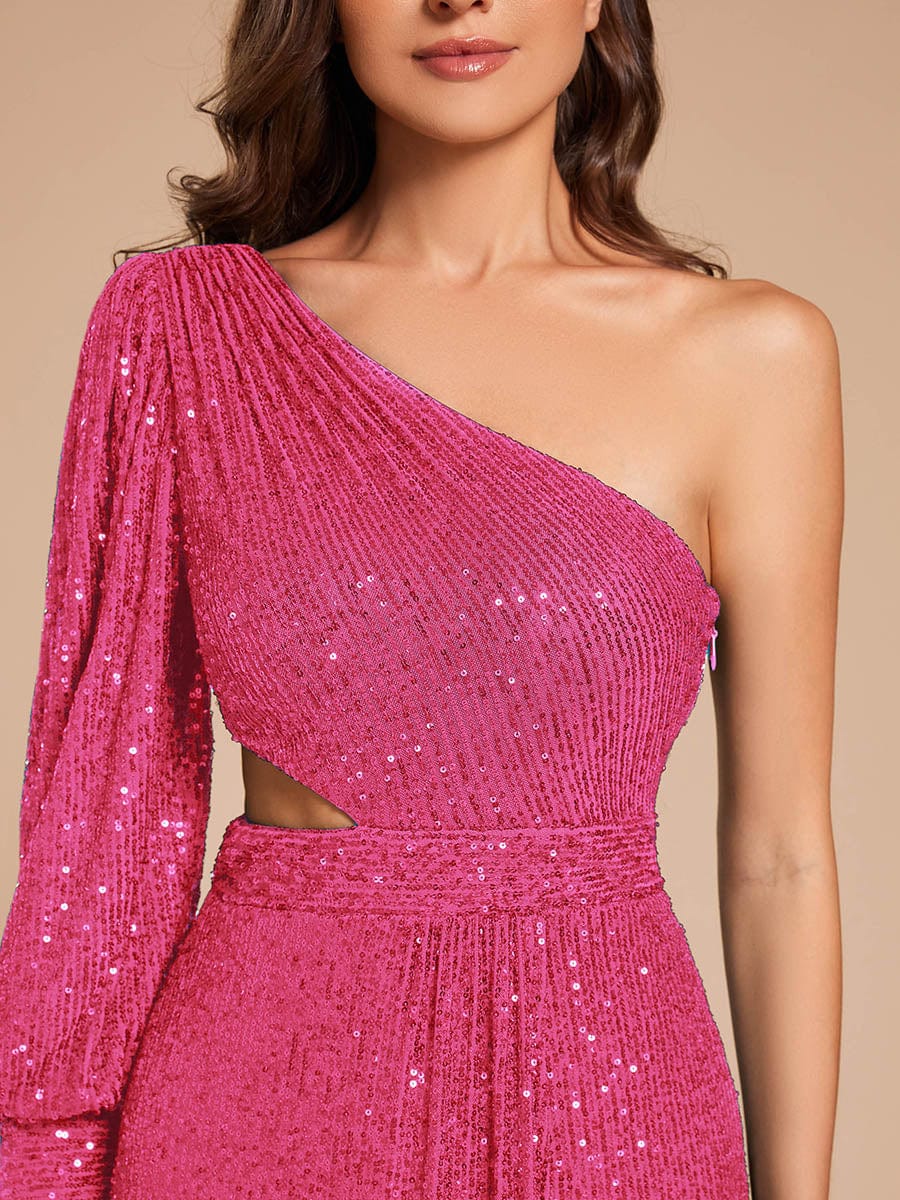 Custom Size One Shoulder Bodycon Slit Sequin Floor Length Formal Evening Dress #color_Hot Pink