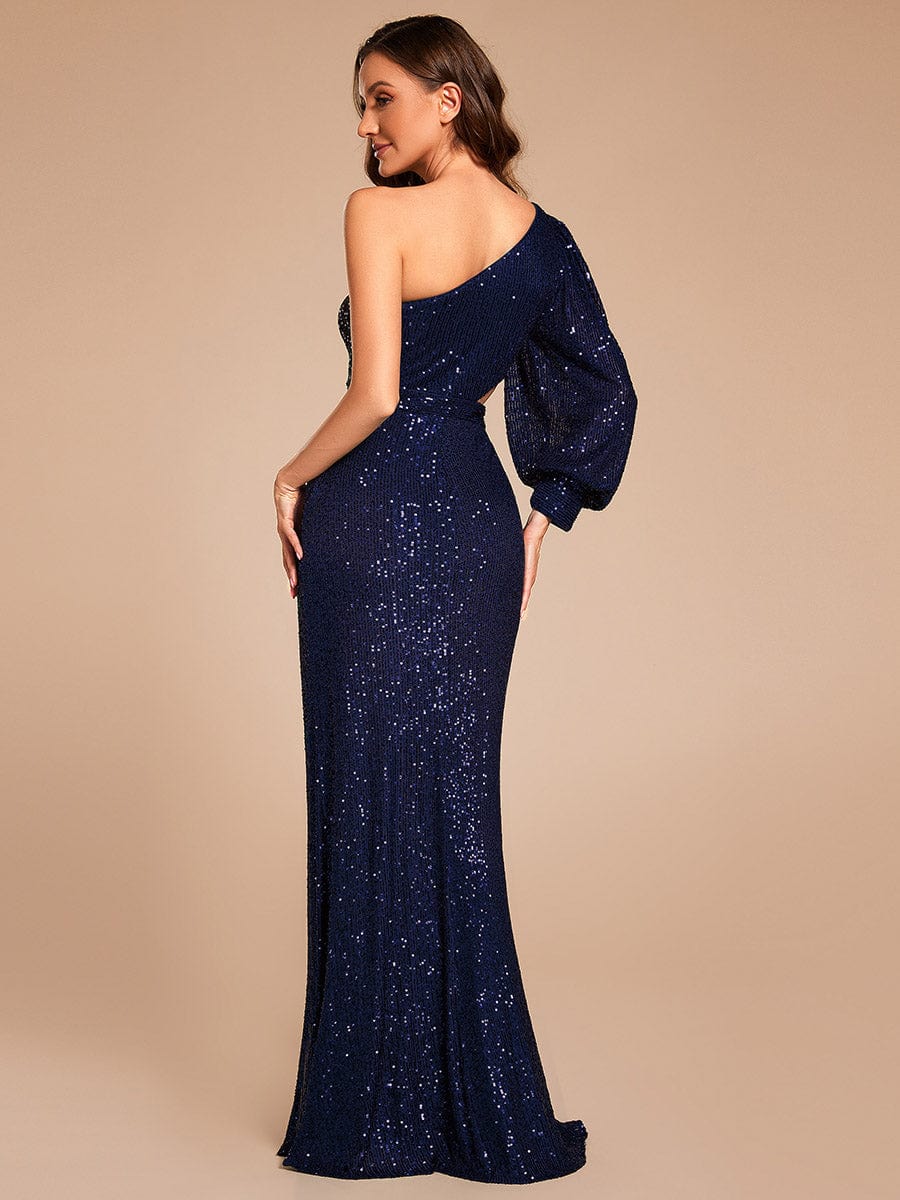 Custom Size One Shoulder Bodycon Slit Sequin Floor Length Formal Evening Dress #color_Navy Blue