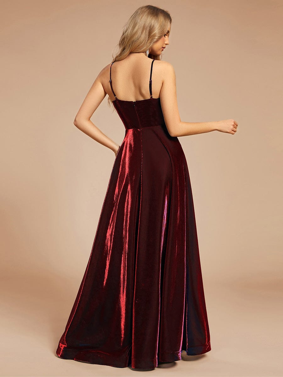 Custom Size Iridescent Mesh Spaghetti Strap V-neck A-line Prom Dress #color_Burgundy