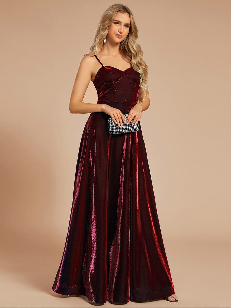 Custom Size Iridescent Mesh Spaghetti Strap V-neck A-line Prom Dress #color_Burgundy