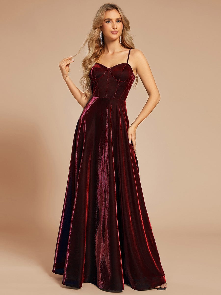 Custom Size Iridescent Mesh Spaghetti Strap V-neck A-line Prom Dress #color_Burgundy