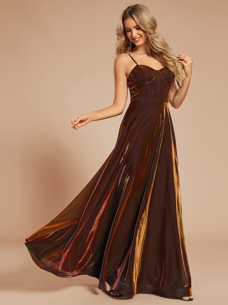 Custom Size Iridescent Mesh Spaghetti Strap V-neck A-line Prom Dress #color_Burnt Orange