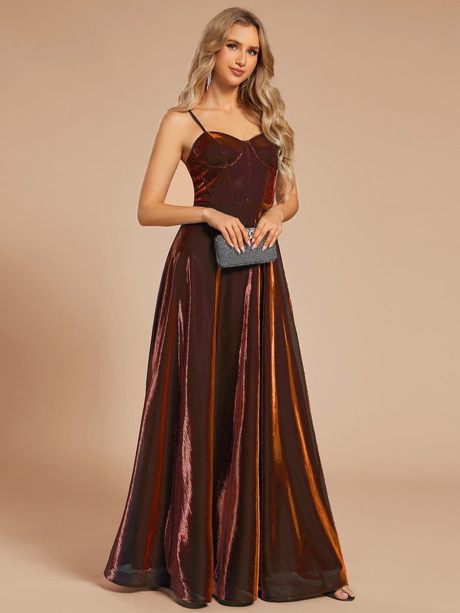 Custom Size Iridescent Mesh Spaghetti Strap V-neck A-line Prom Dress #color_Burnt Orange