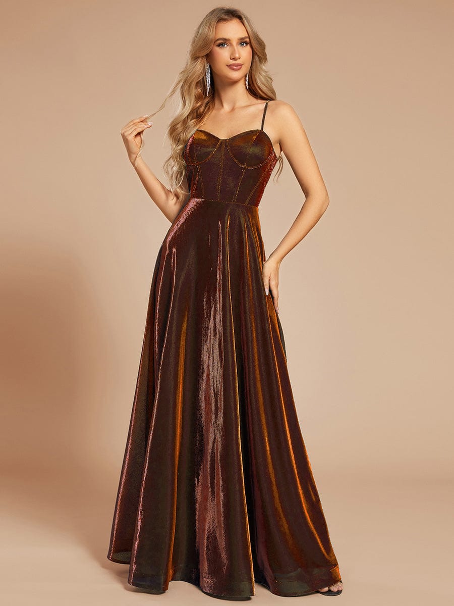 Custom Size Iridescent Mesh Spaghetti Strap V-neck A-line Prom Dress #color_Burnt Orange