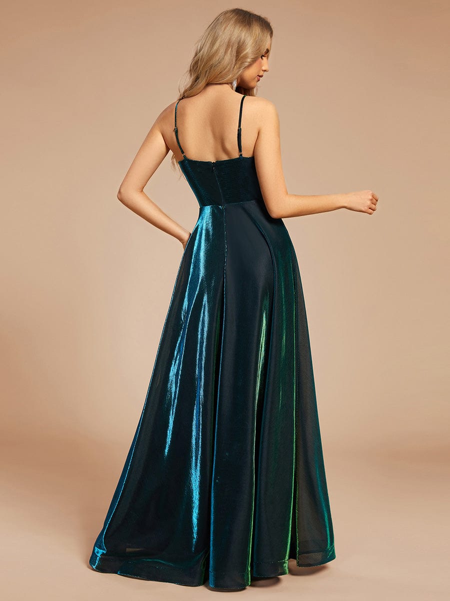 Custom Size Iridescent Mesh Spaghetti Strap V-neck A-line Prom Dress #color_Dark Green